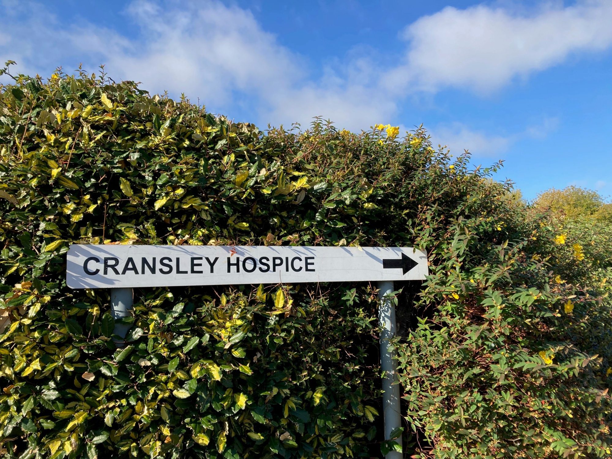 Road sign of Cransley Hospice against a background of a green hedge and sunshine