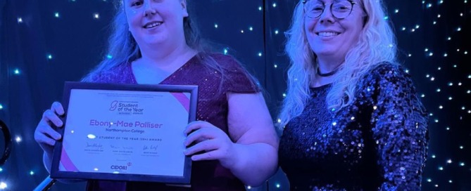 Ebony-Mae Palliser collects her award with Sarah Thursby, Northampton College Curriculum Manager for Performing Arts and Music