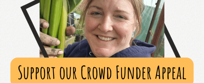 Milly Fyfe holding rhubarb for crowd funder appeal