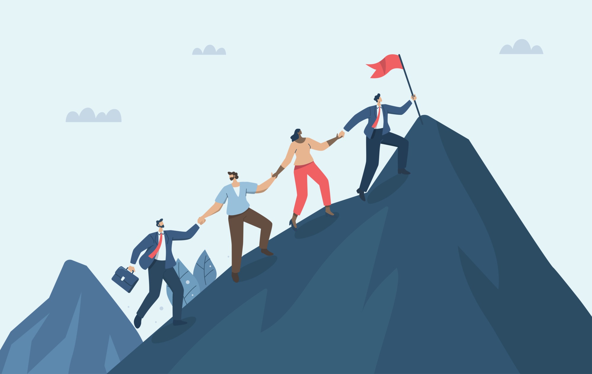 Teamwork of business people, Unity of employees, Difficulties in overcoming success in business, Business team climbs to the top of the mountain, overcomes difficulties and achieves goals. Vector.
