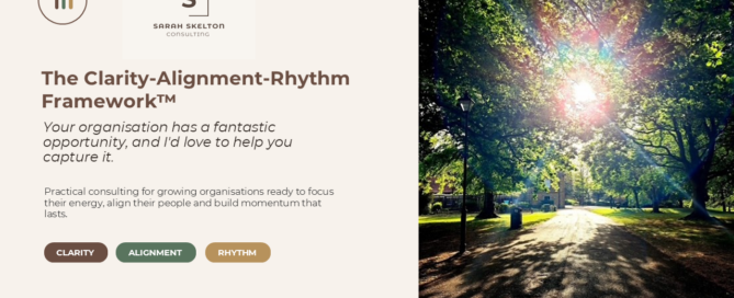 Clarity–Alignment–Rhythm Framework by Sarah Skelton Consulting, helping growing organisations turn ambition into action.