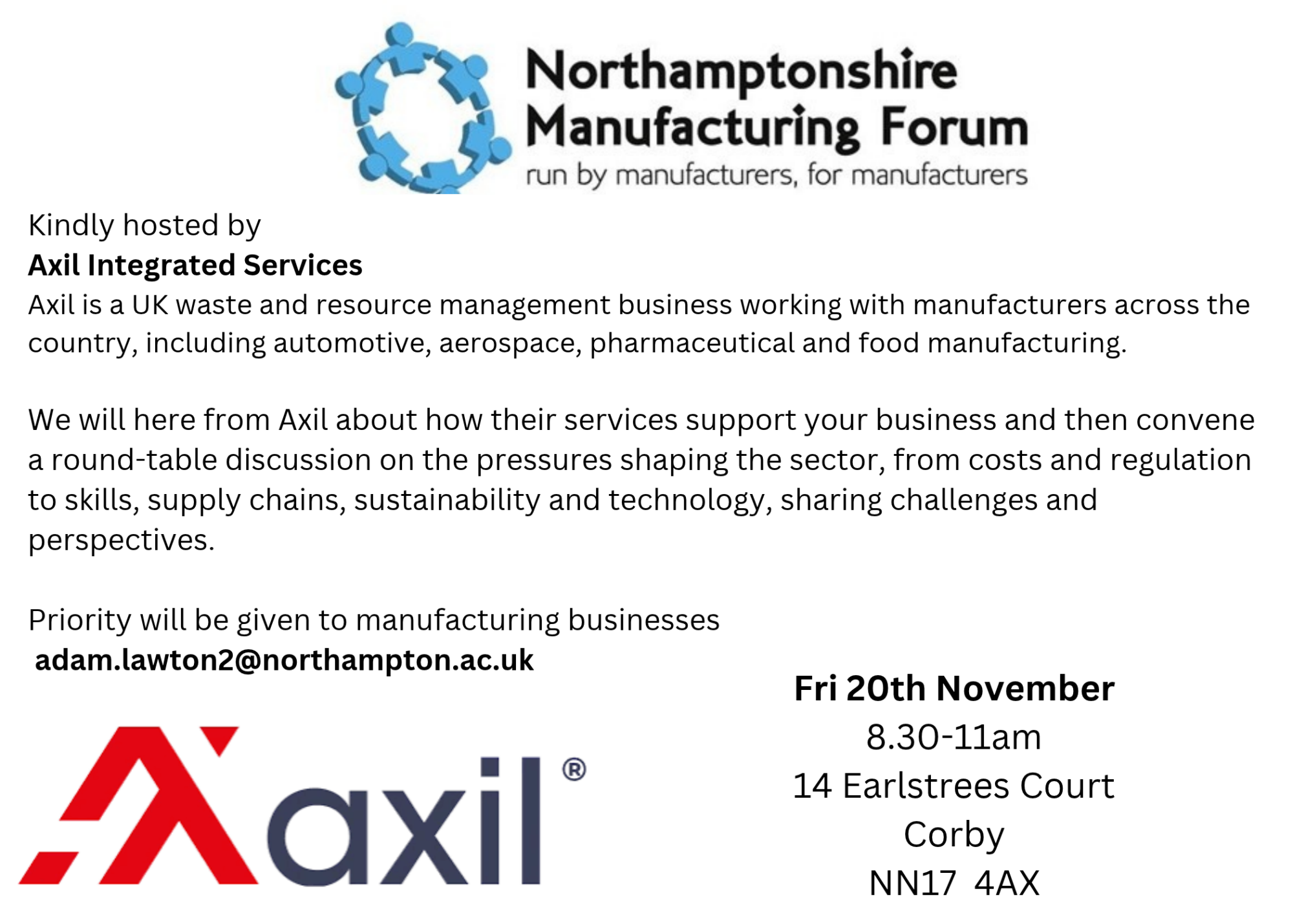 Northamptonshire Manufacturing Forum x Axil – 20th November 2026 | Northamptonshire Chamber of Commerce